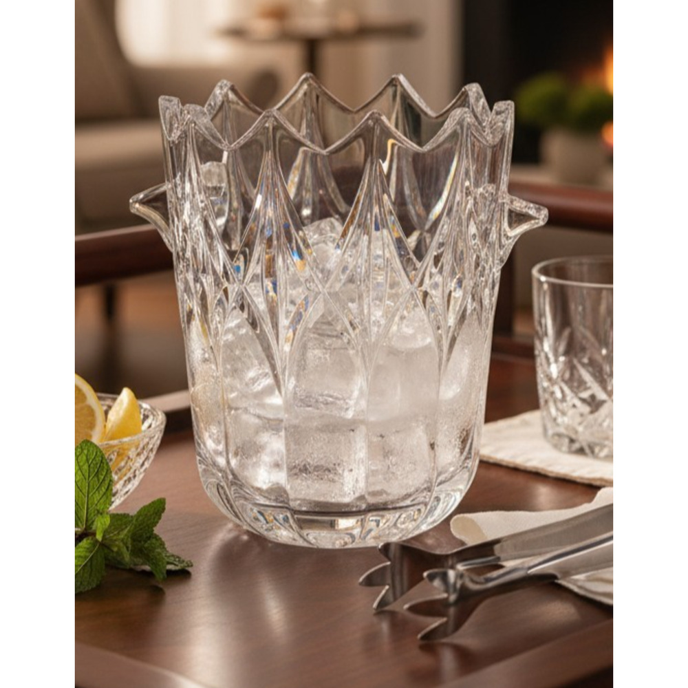 Bohemia Crystal Ice Bucket With Tongs Made in Czech Republic 6.5 x 5 NEW